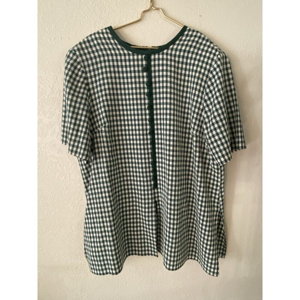 Women’s Sz 24W Pull Over Blouse Short Sleeve Green And White Checkered Zip Back
